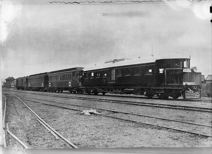 Thomas transmission rail motor car, (R.M.2), in use as a hospital train, 1916