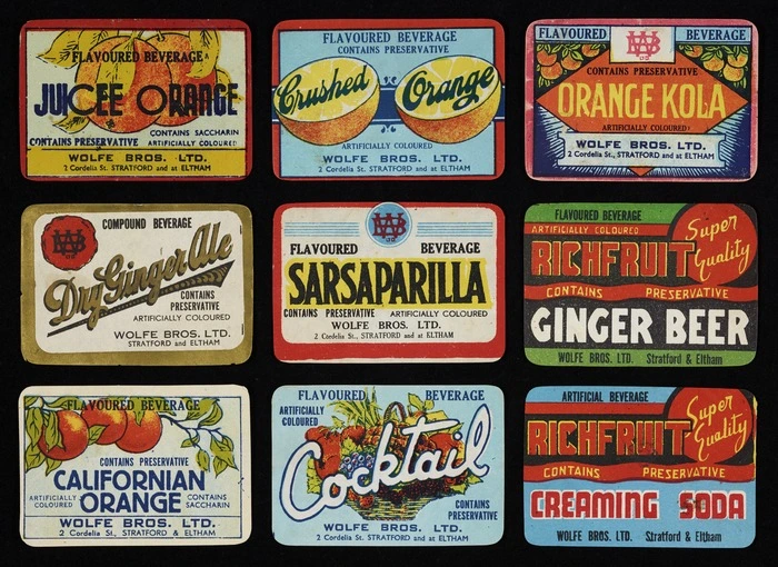 Wolfe Bros Ltd :[Nine soft drink labels for compound and flavoured beverages. ca 1935-1964?]