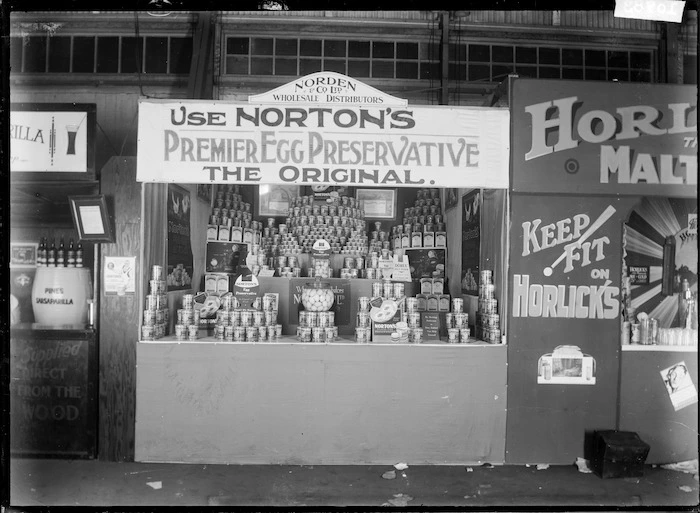 Stall at a trade fair advertising and displaying Norton's premier egg preservative