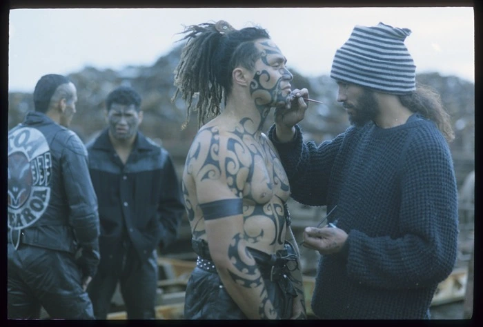 Application of ta moko design on Toa gang member during filming of Once were warriors, Auckland