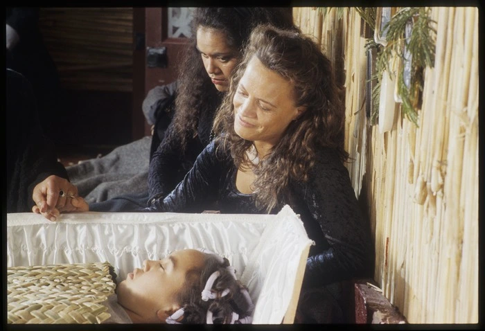 Rena Owen and Mamaengaroa Kerr-Bell during rehearsal of Grace's tangi scene during shooting of Once were warriors, Auckland