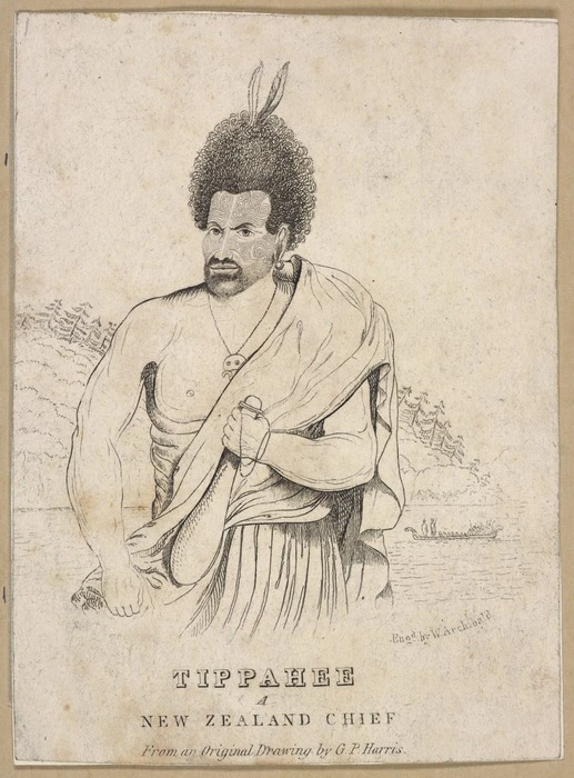 Harris, George Prideaux Robert, 1775-1840 :Tippahee a New Zealand chief / eng[rave]d by W Archibald from an original drawing by G P Harris. [London, 1827].