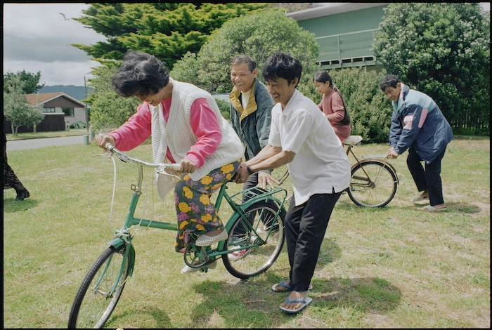 Cambodian refugees learning to ride bicycles in Waikanae - Photograph taken by Melanie Burford