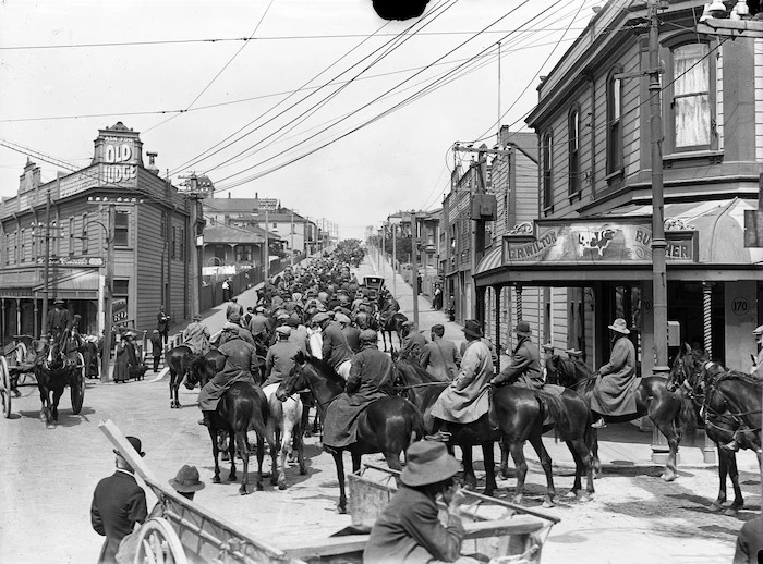 Massey's Cossack's turning into Adelaide Road, Newtown, Wellington, during the 1913 Waterfront Strike