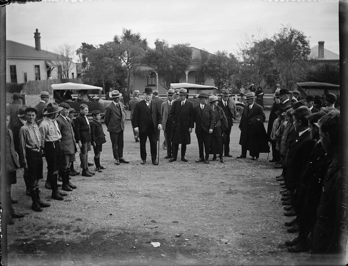 Prime Minister W F Massey visiting Levin to open the War Memorial gate