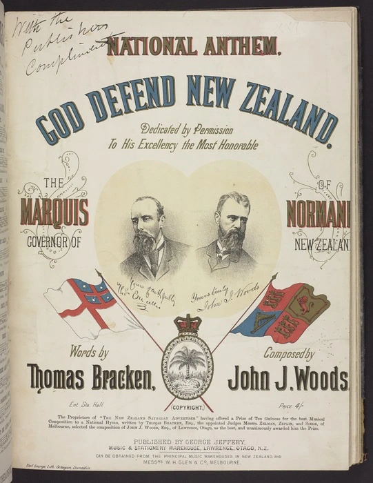 God defend New Zealand : national anthem / words by Thomas Bracken ; music by John J. Woods.