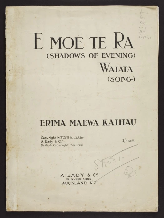 E moe te rā : (Shadows of evening) : waiata song / Erima Maewa Kaihau.