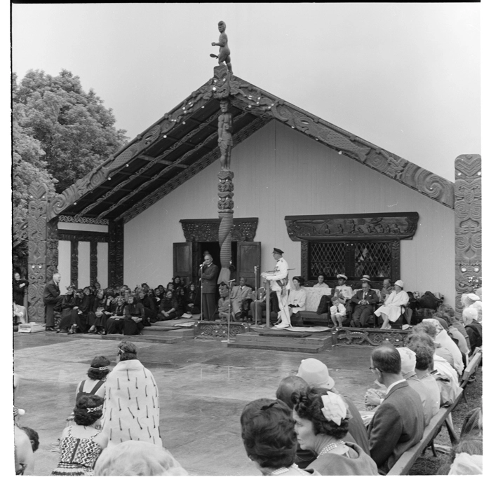 Welcoming Sir Bernard Fergusson, Turangawaewae Marae, Ngaruawahia