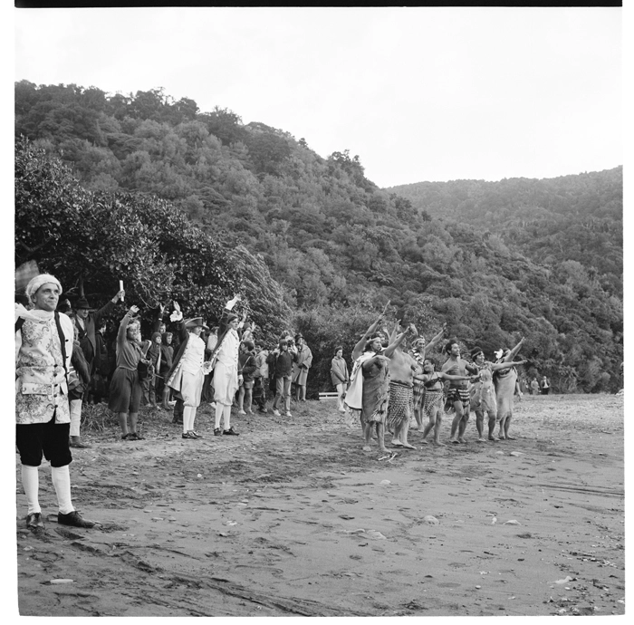 Re-enactment of the landing of Captain Cook, during the visit of Queen Elizabeth II; HMY Britannia in the Marlborough Sounds