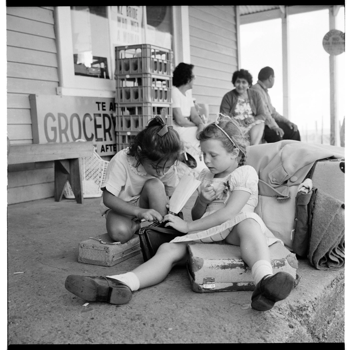 Te Araroa, children waiting for the school bus, 1971.