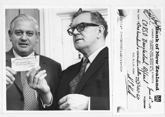 Leader of the opposition, Norman Kirk, handing a cheque for 1% of his gross salary to the director of CORSO, Haddon Charles Dixon, for the Bangladesh appeal