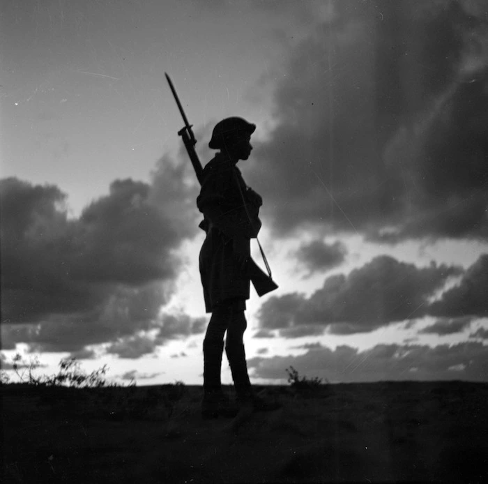 Soldier on sentry duty during World War II, Western desert, North Africa