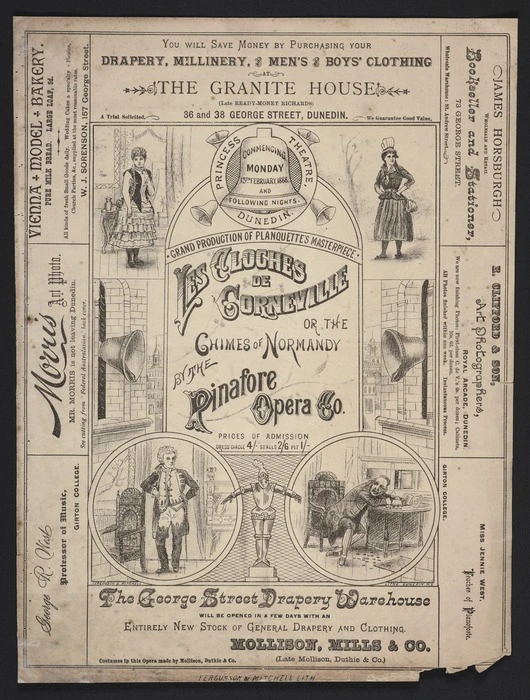 Princess Theatre Dunedin. Commencing Monday 13th February 1888 and following nights, Grand production of Planquette's masterpiece, "Les cloches de Corneville; or, The chimes of Normandy" by the Pinafore Opera Company. Fergusson & Mitchell lith [1888]