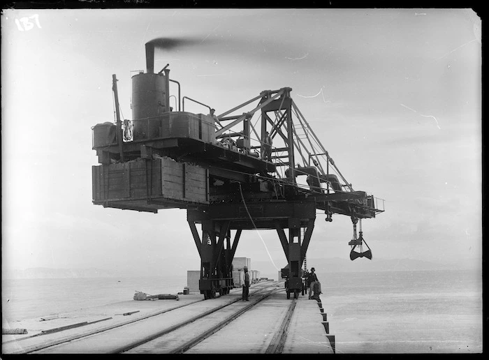 Steam crane, Gisborne, during work on a breakwater