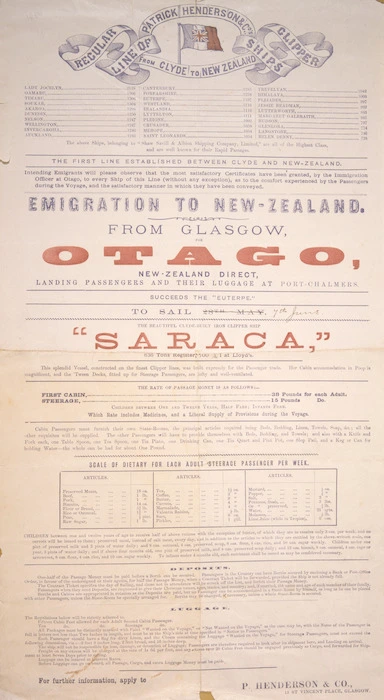 Patrick Henderson & Co. :Emigration to New Zealand from Glasgow. The beautiful Clyde-built iron clipper ship "Saraca" / P Henderson & Co. [1884].