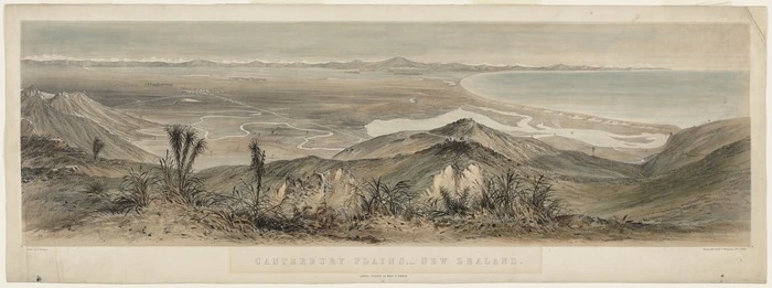 Norman, Edmund 1820-1875 :Canterbury Plains,- New Zealand. / Drawn by E. Norman. Maclure, Macdonald & Macgregor, Lith, London. Lyttelton, Published by Martin G. Heywood, [ca 1855].