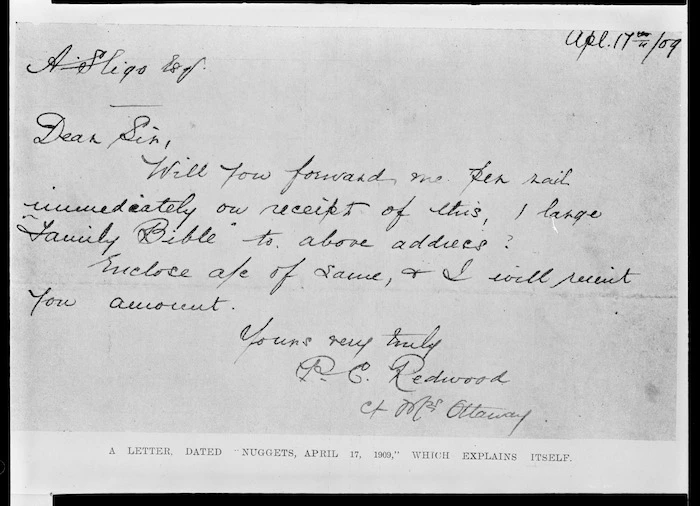 Letter signed by P C Redwood, alias Amy Bock