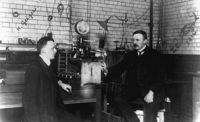 Ernest Rutherford and Hans Geiger, physics laboratory, Manchester University, England