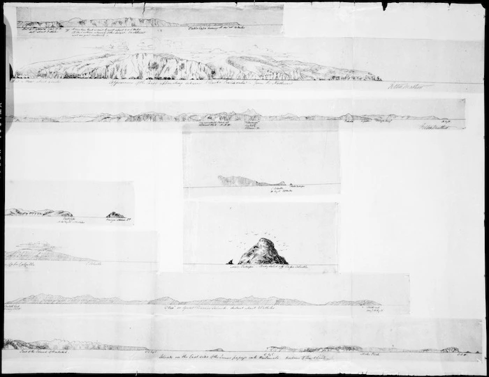 Mathew, Felton, 1808-1847 :Outline sketches of ... New Zealand - taken aboard H M Brig Victoria, 1842. Island of Teaboura ... Otea or Great Barrier Island distant about 25 miles.
