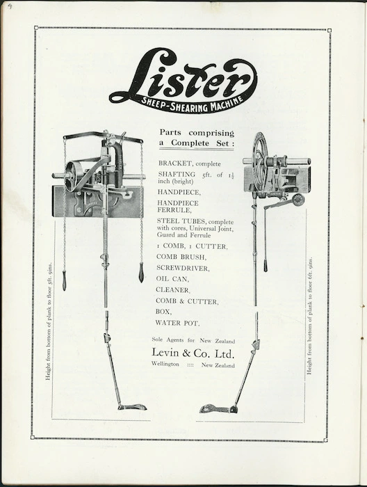 Levin & Co Ltd (Wellington) :Lister sheep-shearing machine. Parts comprising a complete set. [1909-1910].