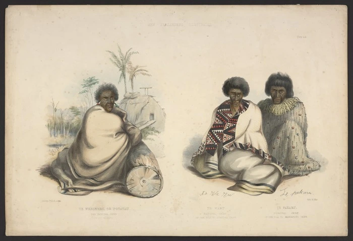 Angas, George French 1822-1886 :Te Werowero, or Potatau the principal chief of all Waikato. Te Waru, principal chief of the Nga Ti Apakura tribe. Te Pakaru, principal chief of the Nga Ti Maniapoto tribe. George French Angas delt & lith. Plate 44. 1847.