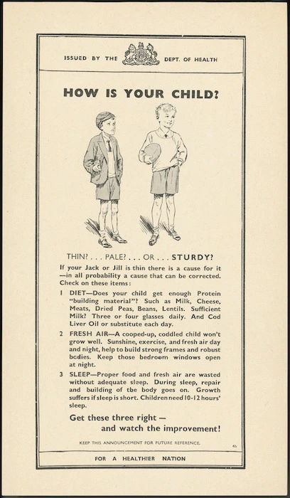 New Zealand. Department of Health :How is your child? Thin? ... Pale? ... or ... sturdy? For a healthier nation. [ca 1945]