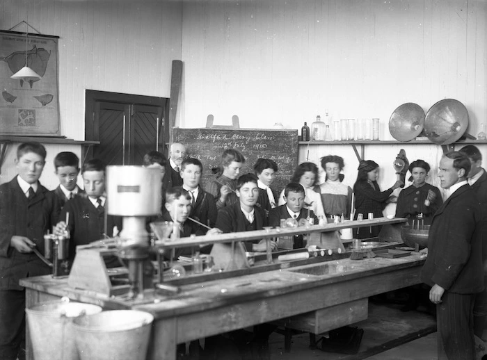 School children and teachers in the laboratory, Stratford Technical School