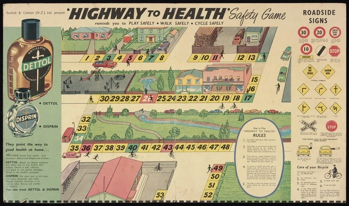 Reckitt & Colman (N.Z.) Ltd: Reckitt & Colman (N.Z.) Ltd present "Highway to health" safety game; reminds you to play safely, walk safely, cycle safely [ca 1960?]