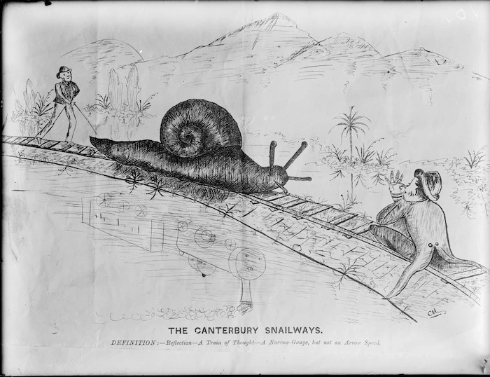 Artist unknown :The Canterbury snailways. Definition - Reflection - A train of thought - A narrow gauge, but not an arrow speed. [Christchurch] 4 November 1876.