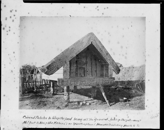 Carved pataka (food storehouse) at Maketu Pa, near Matata, Bay of Plenty