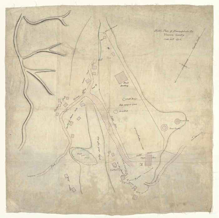 [Creator unknown]:Sketch plan of Maungapohatu Pa, Urewera Country [ms map]. [1916?].