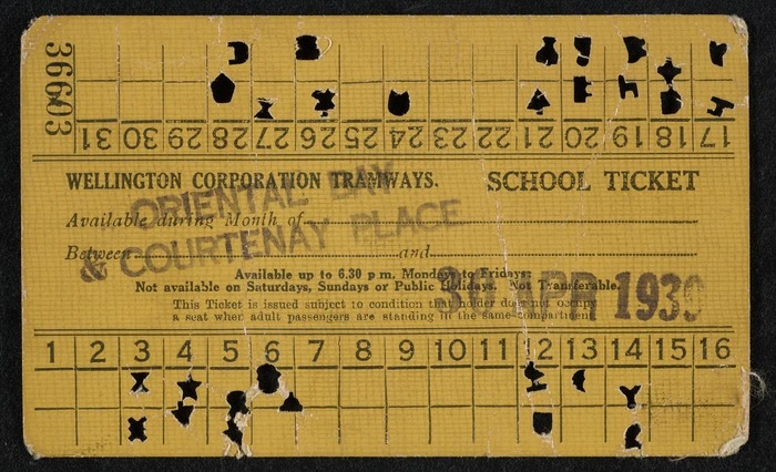 Wellington Corporation Tramways :School ticket, available during month of ... between [Oriental Bay] and [Courtenay Place]. 30 April 1939. 31 rides].