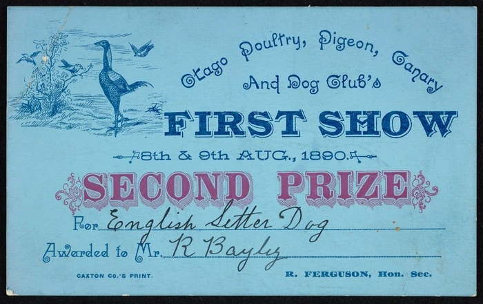 Otago Poultry, Pigeon, Canary and Dog Club. First Show :Second prize [certificate] 8th & 9th Aug[ust] 1890 for [English setter dog] awarded to Mr [R Bayly]. Caxton Co.'s Print.