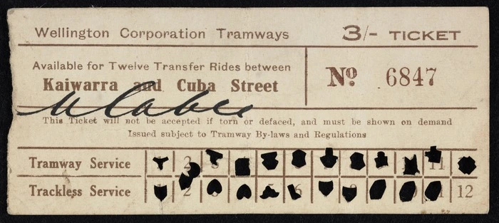 Wellington Corporation Tramways :3/- ticket, available for twelve transfer rides between Kaiwarra and Cuba Street. No. 6847. Tramway service; trackless service [ca 1924]