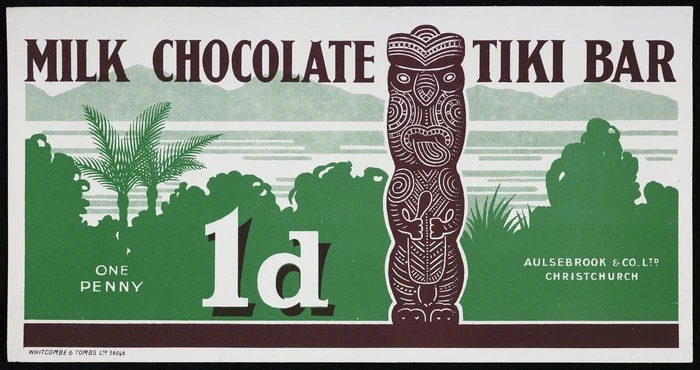 Aulsebrooks & Company: Milk chocolate tiki bar. One penny 1d. Aulsebrook & Co. Ltd Christchurch. Whitcombe & Tombs Ltd 56045 [1950s?]