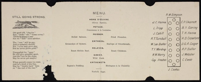 [Wellington Club]: Farewell dinner to Mr J C Hanna. [Wellingt]on Club, July 4, 1896. Menu