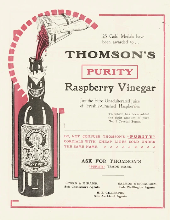 Thomson & Company (Dunedin) :Thomson's "Purity" raspberry vinegar. [ca 1910]