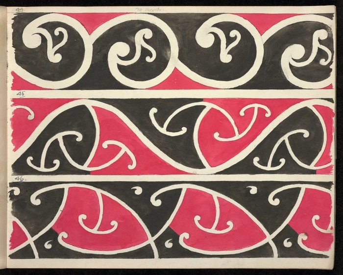Godber, Albert Percy, 1876-1949 :[Drawings of Maori rafter patterns]. 44; 45; 46. [1939-1947].