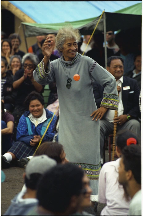 Maori rights campaigner Eva Rickard dancing at Moutoa Gardens, Wanganui