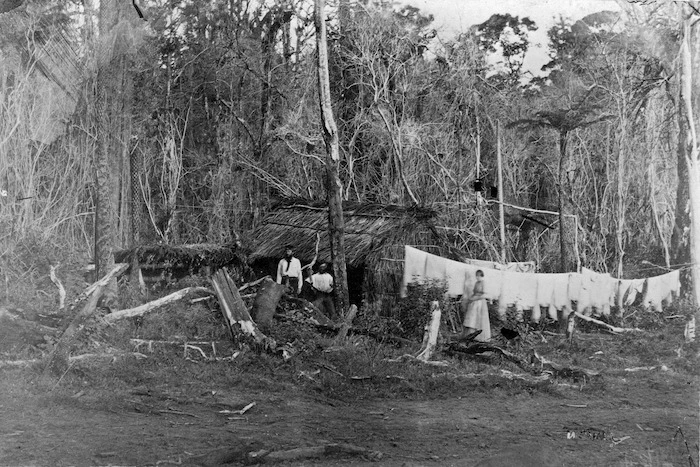 Scene in the bush showing a thatched hut, three people, and washing on a line
