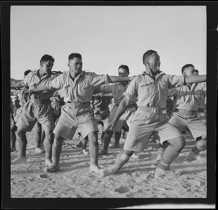 Members of the Maori Battalion performing a haka, during World War II, probably in Egypt