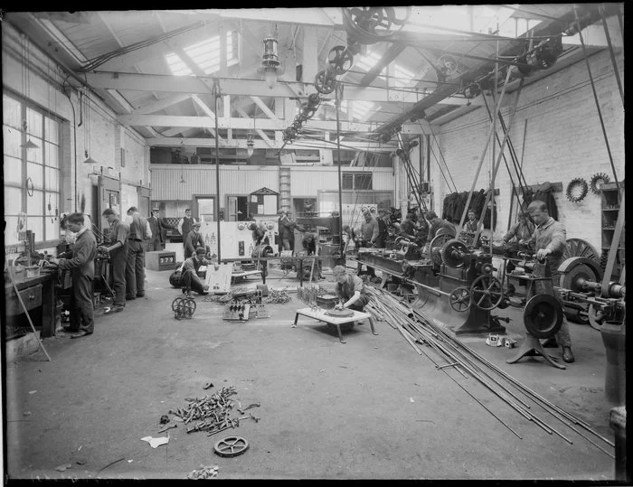 Turnbull and Jones, electrical engineers, staff at work in workshop, Christchurch