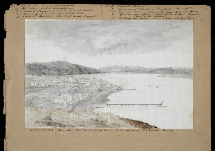 Pearse, John, 1808-1882 :Wellington (Thorndon Flat end) taken from JP's land on Wellington Terrace [1855 or 1856]