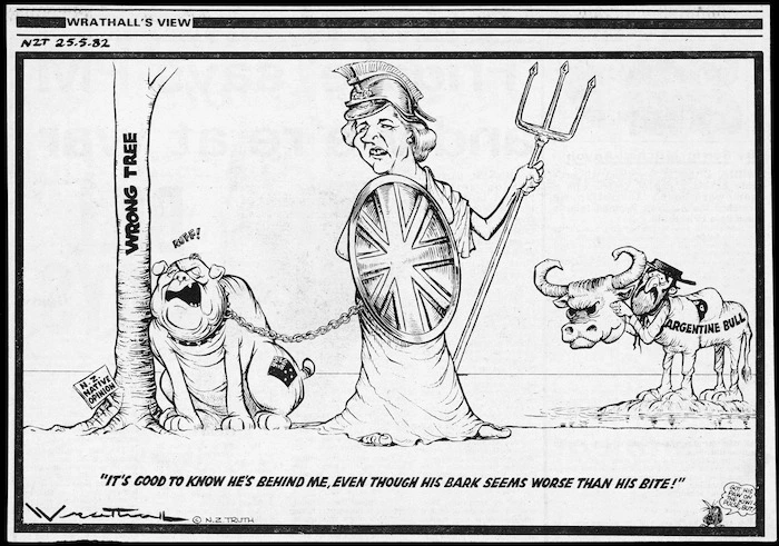 Wrathall, William George Picton, 1931-1995 :It's good to know he's behind me, even though his bark seems worse than his bite! New Zealand Truth, 25 May 1982.