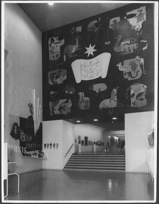 Interior view of the Australian pavilion, New Zealand Centennial Exhibition, with mural by Douglas Annand