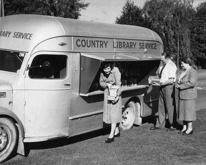 Country Library Service bus and librarians, Christchurch