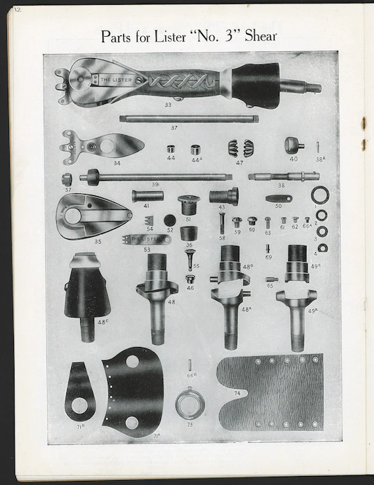 Levin & Co Ltd (Wellington) :Lister sheep-shearing machine. Parts for Lister "No. 3" shear [1909-1910]