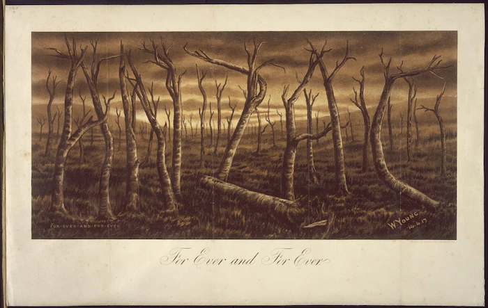 Young, W., fl 1917 :For ever and for ever. ANZAC. W. Young, 14. 4. [19]17. Wellington, C. M. Banks Ltd Chromolithos. [ca 1918?]