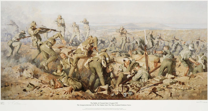 Brown, Ion G., b 1943? :The battle of Chunuk Bair, 8 August 1915. The sesquicentennial gift to the nation from the New Zealand Defence Force... / I. G. Brown, Major, Army artist. [Wellington, New Zealand Defence Force?, 1990]