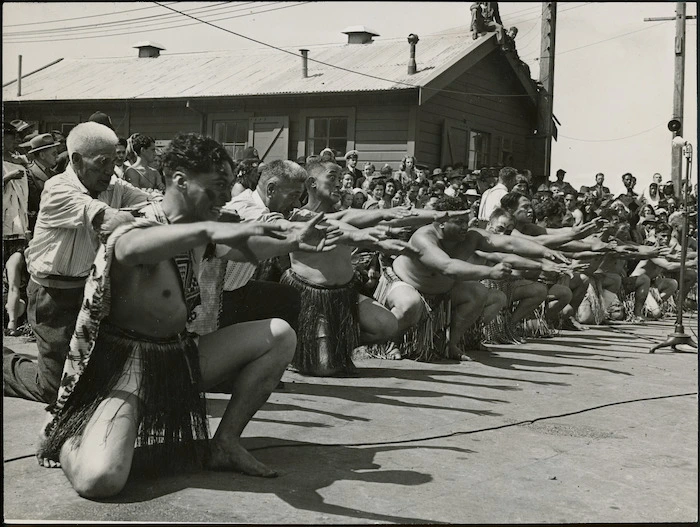 Members of Ngati Tuwharetoa performing a haka at the welcome for the returning Maori Battalion after World War II